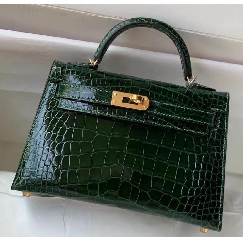 Uncle Bench Hermes Mini Kelly Alligator Shiny Dark green Gold Hardware 19cm Full Handmade