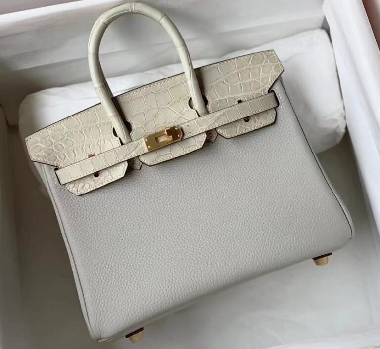 Uncle Bench Hermes Birkin Touch Togo & crocodile Matte Light grey & Creamy white Gold Hardware 25cm Full Handmade