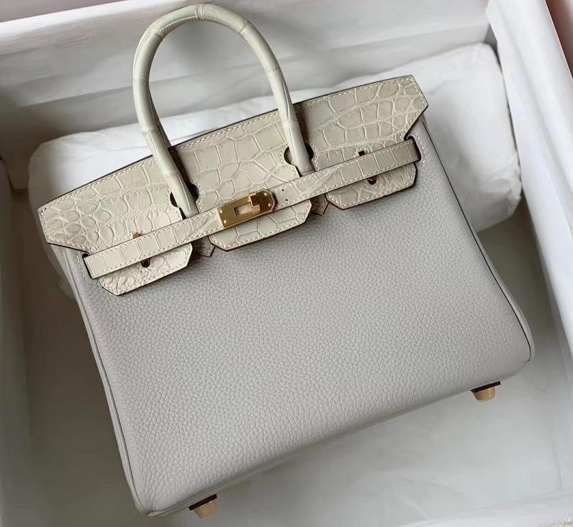 Uncle Bench Hermes Birkin Touch Togo & crocodile Matte Light grey & Creamy white Gold Hardware 25cm Full Handmade