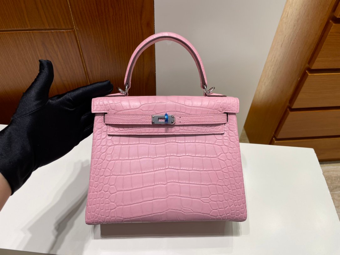 Uncle Bench Hermes Kelly Alligator matt 3Q Pink Silver Hardware PHW 25cm Full Handmade