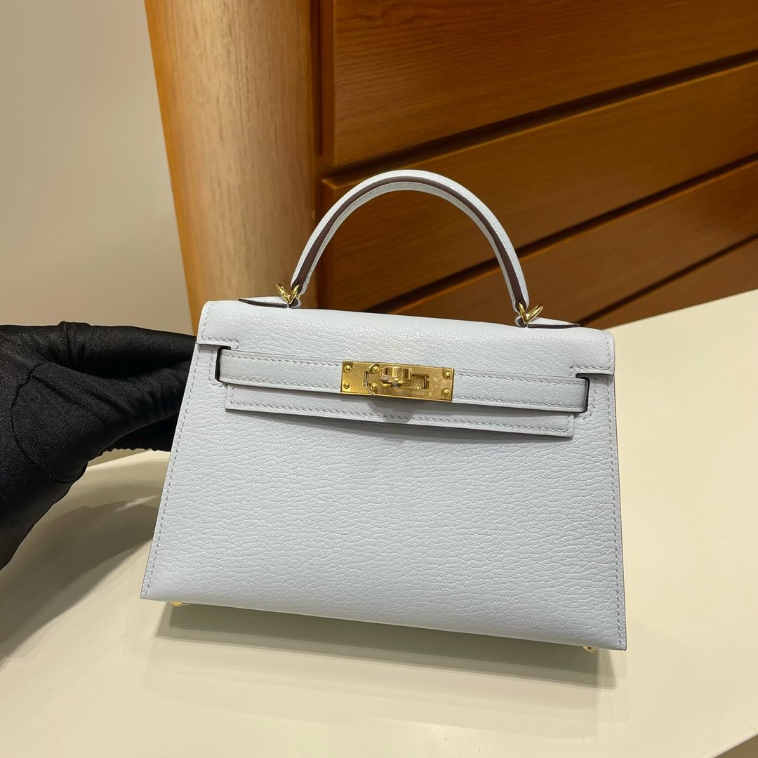 Uncle Bench Hermes Mini kelly ll Chevre T0 blue fog Gold Hardware GHW 19cm Full Handmade