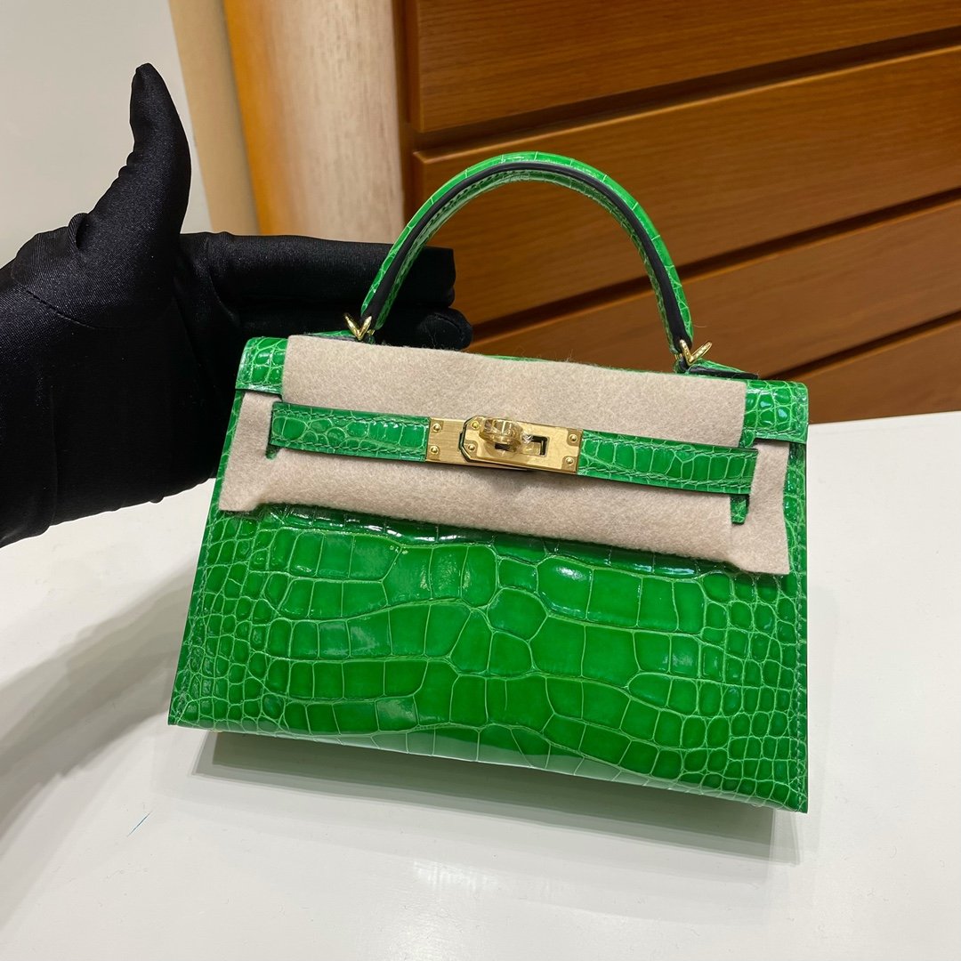 Uncle Bench Hermes Mini kelly ll Alligator shiny cactus green Gold Hardware 19cm Full Handmade