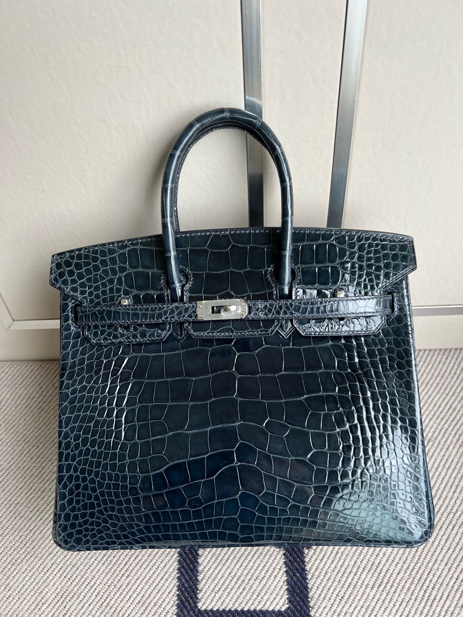 Uncle Bench Hermes Birkin Alligator shiny blue indigo Silver Hardware PHW 25cm Full Handmade