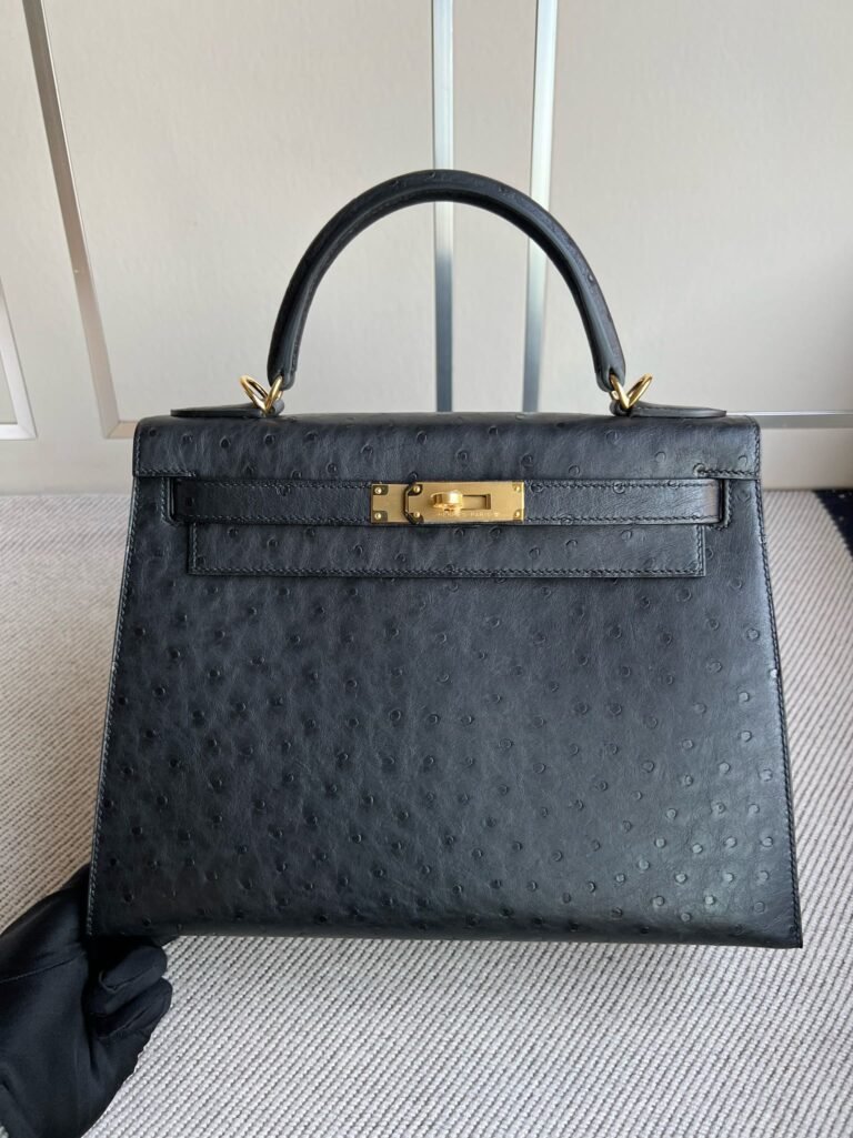 Uncle Bench Hermes Kelly Ostrich kk ck89 Noir Gold Hardware GHW 28cm Full Handmade