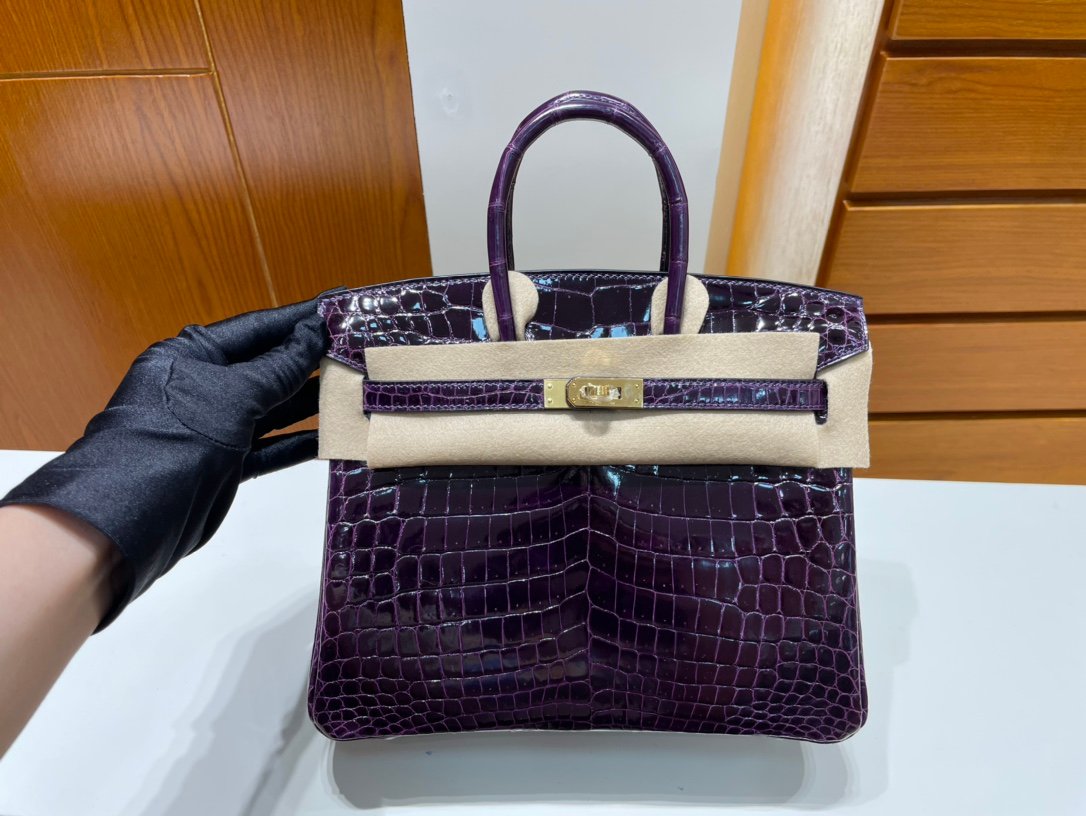 Uncle Bench Hermes Birkin Crocodile shiny 9G Dark purple Gold Hardware GHW 25cm Full Handmade