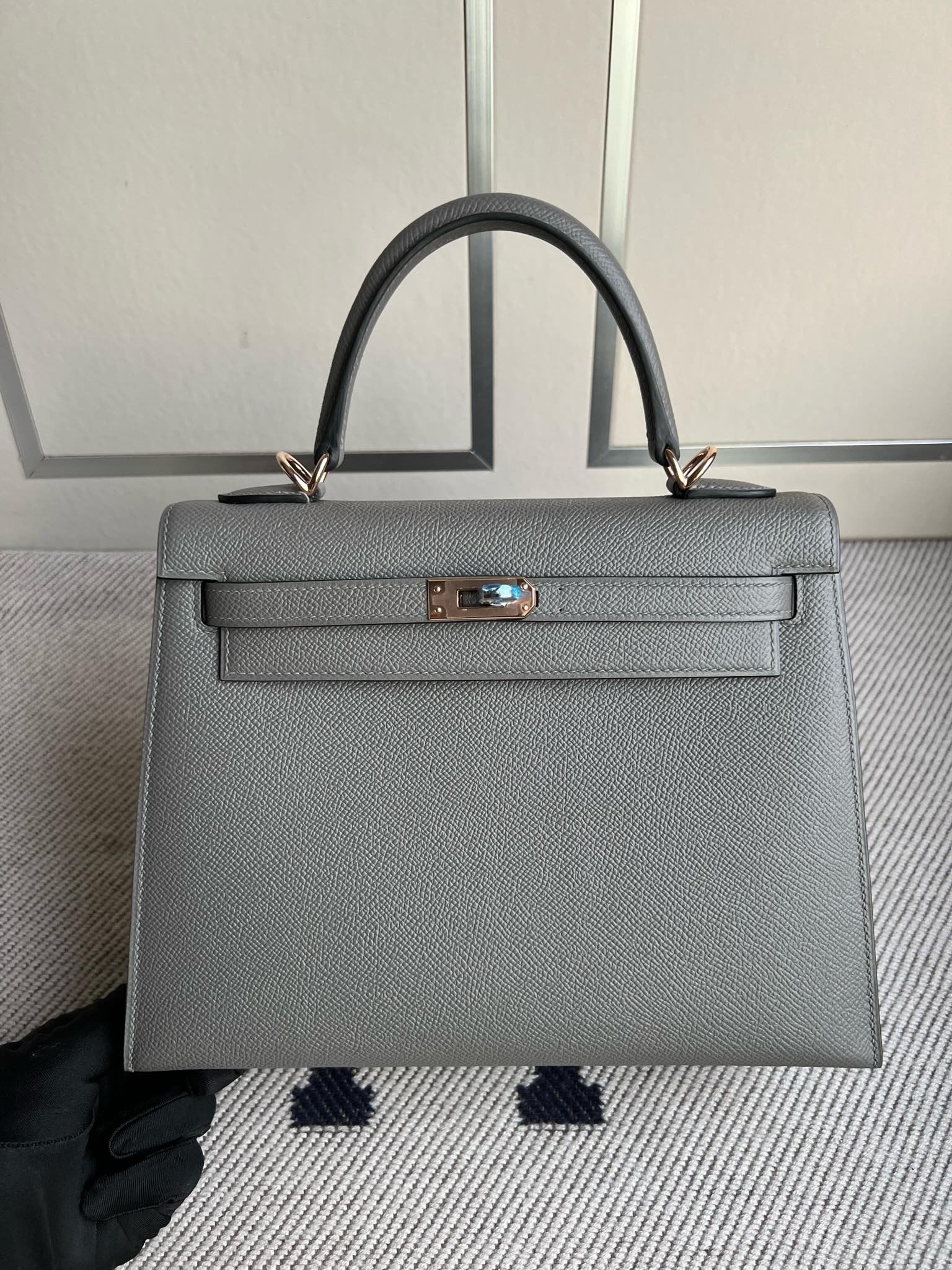 Uncle Bench Hermes Kelly Epsom 0L gris meyer Rose Gold Hardware 25cm Full Handmade