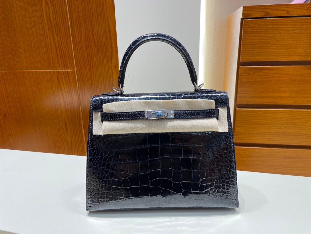 Uncle Bench Hermes Kelly Alligator shiny Blue indigo Silver Hardware PHW 25cm Full Handmade