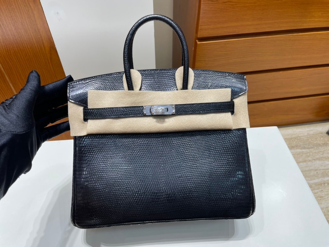 Uncle Bench Hermes Birkin Lizard ck89 Black Silver Hardware PHW 25cm Full Handmade
