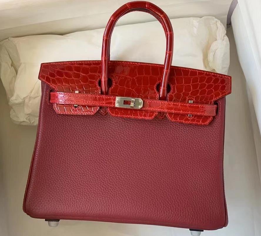 Uncle Bench Hermes Birkin Togo & shiny crocodile Bordeaux red & bright red Sliver Hardware 25cm Full Handmade