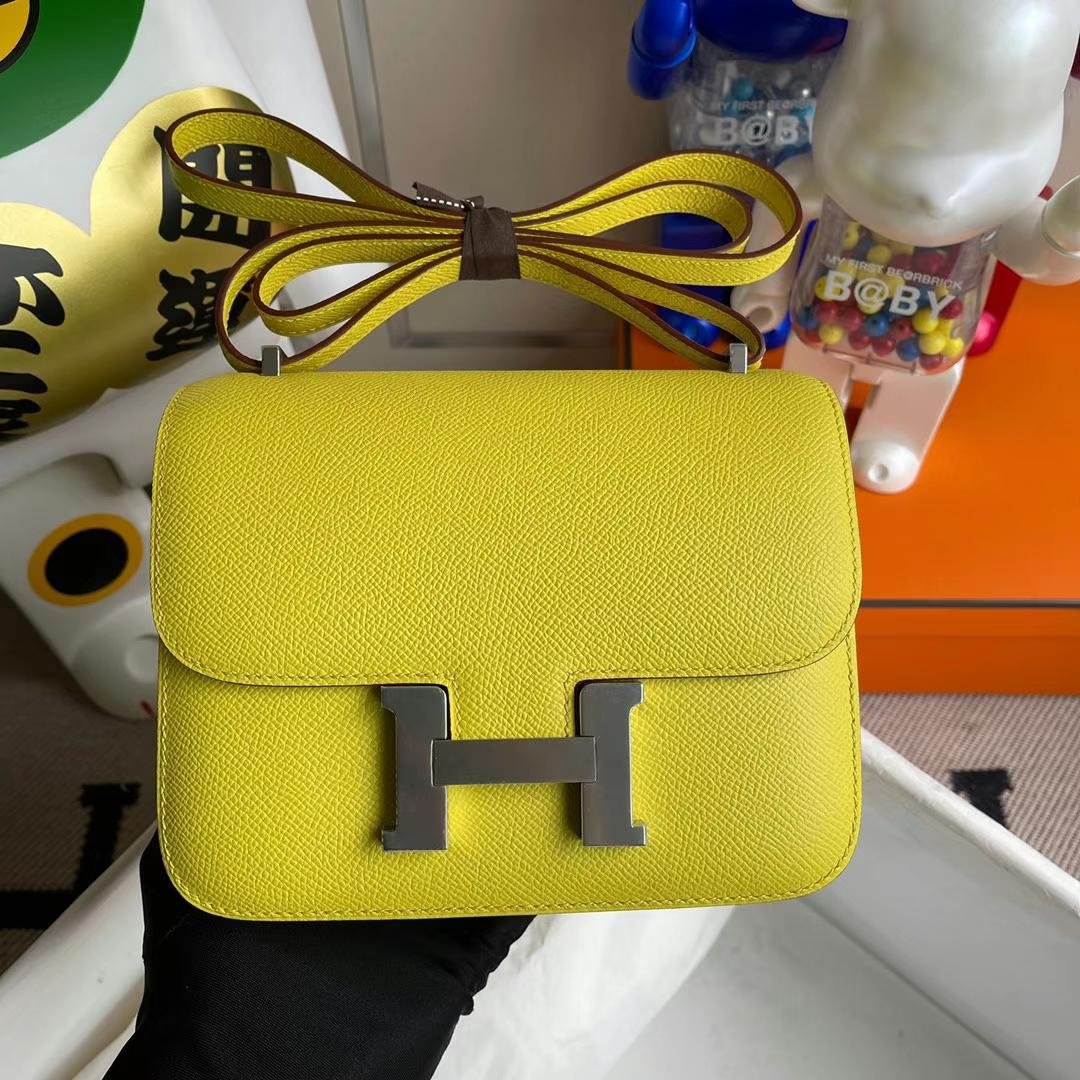 Uncle Bench Hermes Constance Epsom R9 Lemon yellow Silver Hardware 18cm Full Handmade