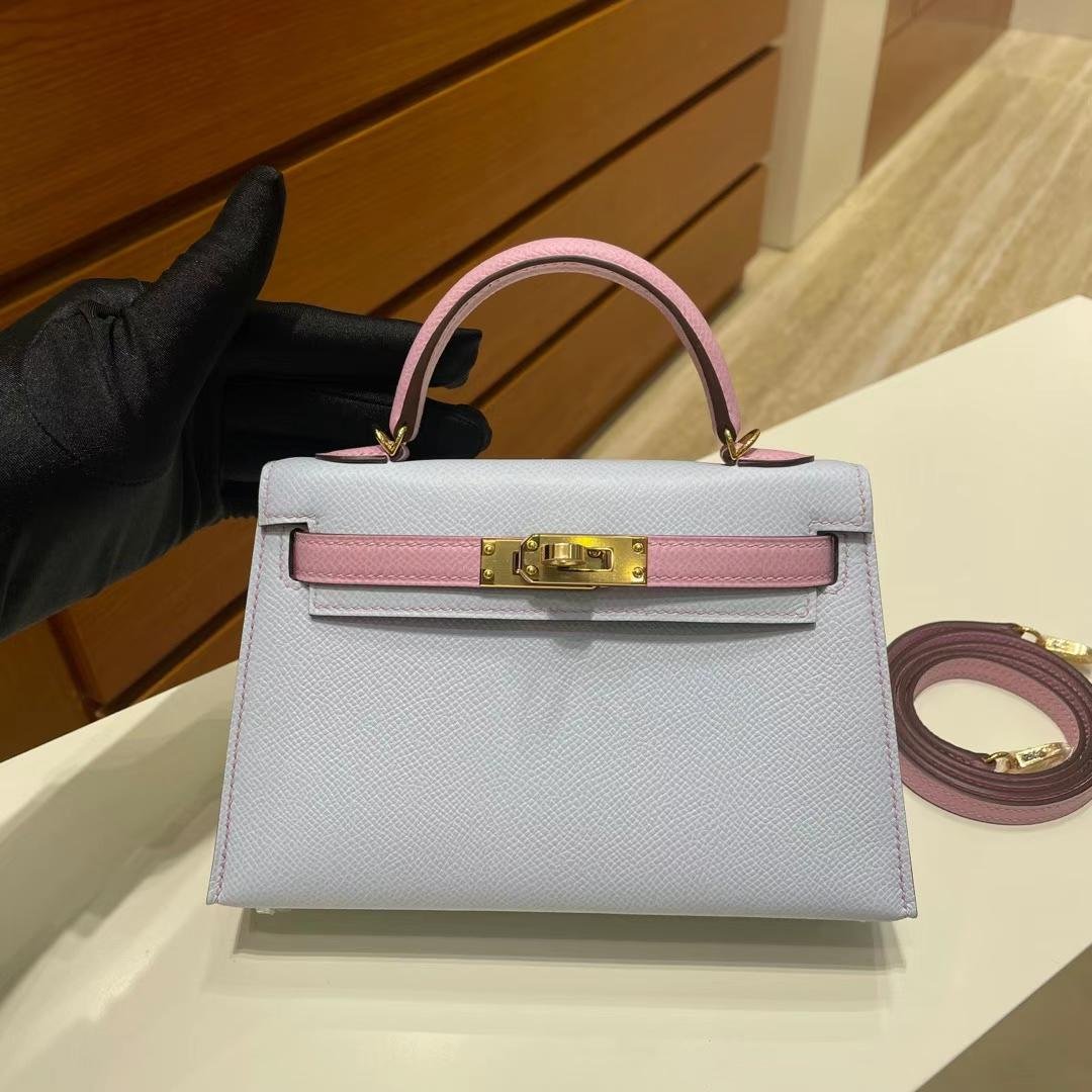 Uncle Bench Hermes Mini Kelly Epsom T0 light blue & X9 mallow purple Gold Hardware 19cm Full Handmade