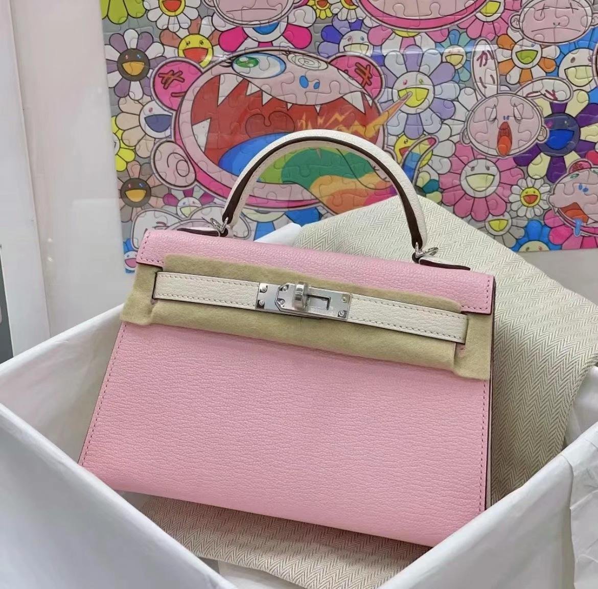 Uncle Bench Hermes Mini Kelly Chevre 3Q Pink & Ck10 Creamy white Silver Hardware 19cm Full Handmade