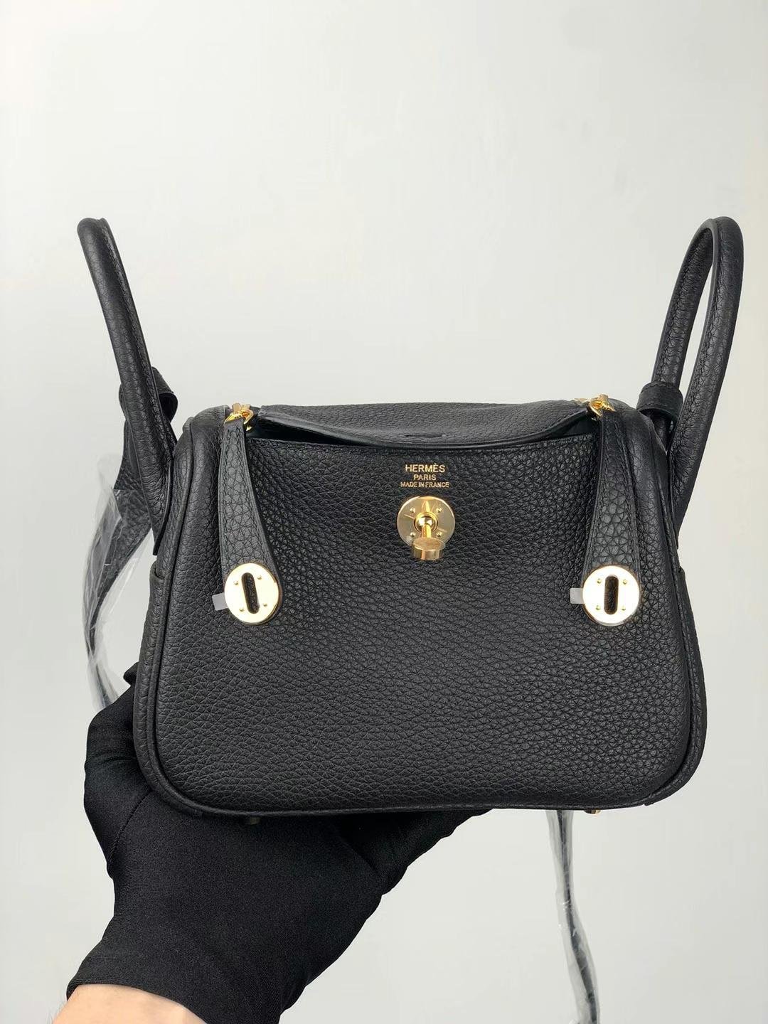 Uncle Bench Hermes Mini Lindy Clemence Ck89 Black Gold Hardware 20cm Full Handmade