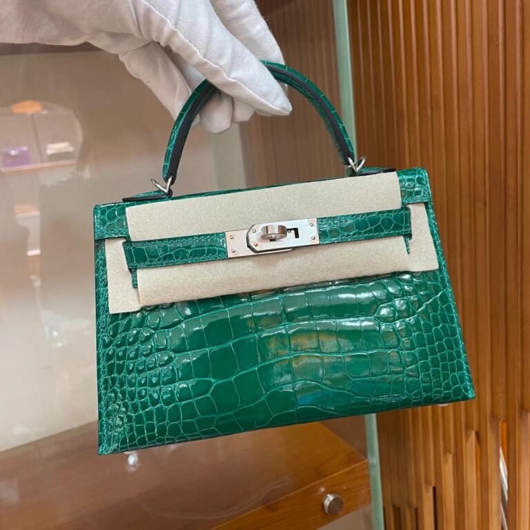 Uncle Bench Hermes Mini Kelly shiny alligator 6Q jade green Silver Hardware 19cm Full Handmade