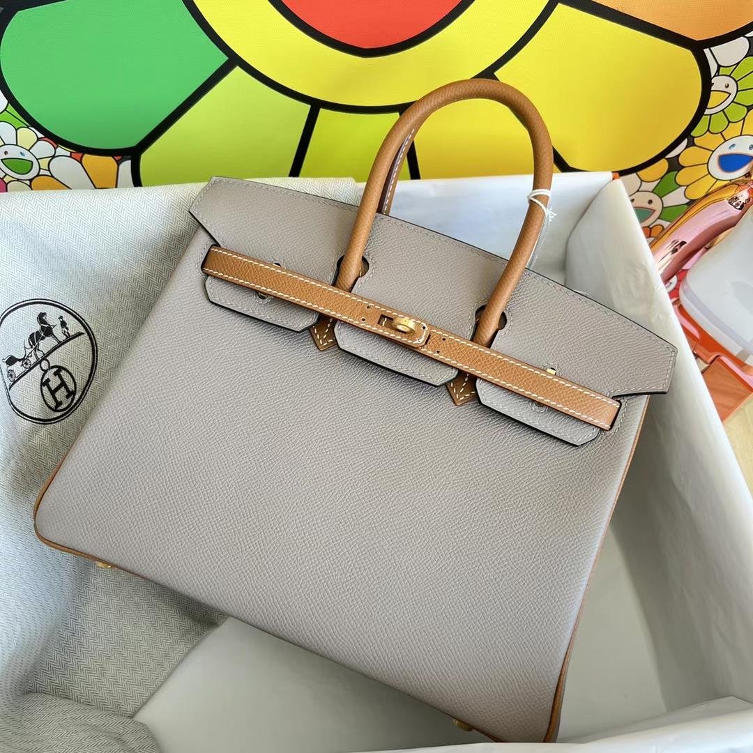 Uncle Bench Hermes Birkin Epsom M8 gris ashpite & Ck37 Goden brown Gold Hardware 25cm Full Handmade