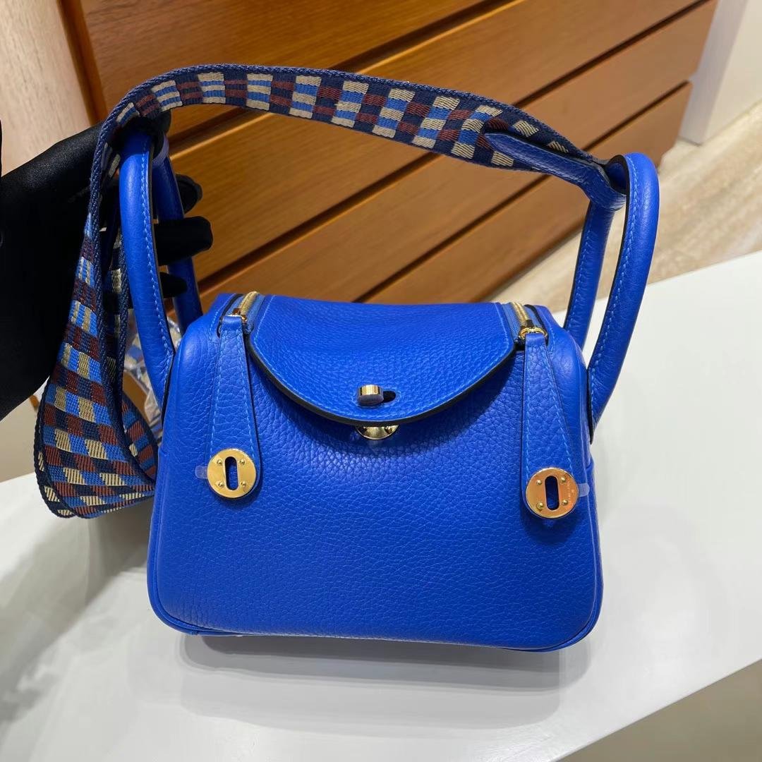 Uncle Bench Hermes mini lindy Clemence & Woven Shoulder O8 Blue Gold Hardware 20cm Full Handmade