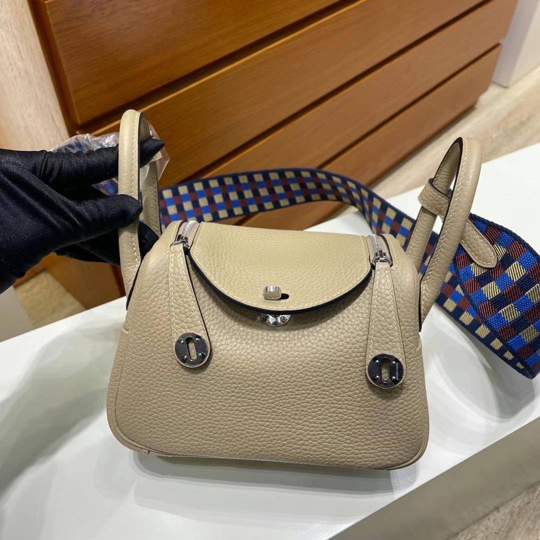 Uncle Bench Hermes mini lindy Clemence & Woven Shoulder S2 Trench Grey Silver Hardware 20cm Full Handmade