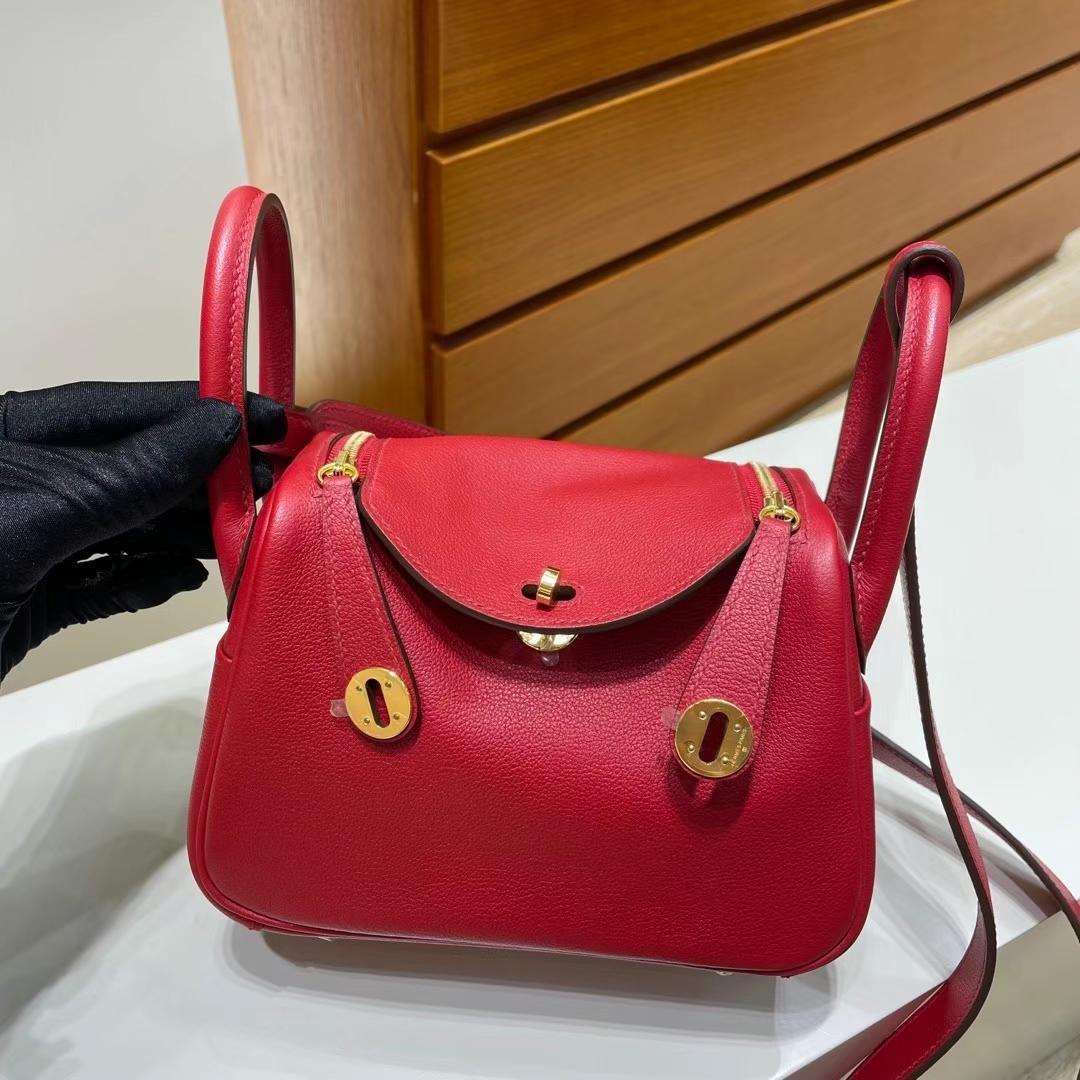 Uncle Bench Hermes mini lindy Evercolor Q5 bright red Ghw Gold Hardware 20cm Full Handmade