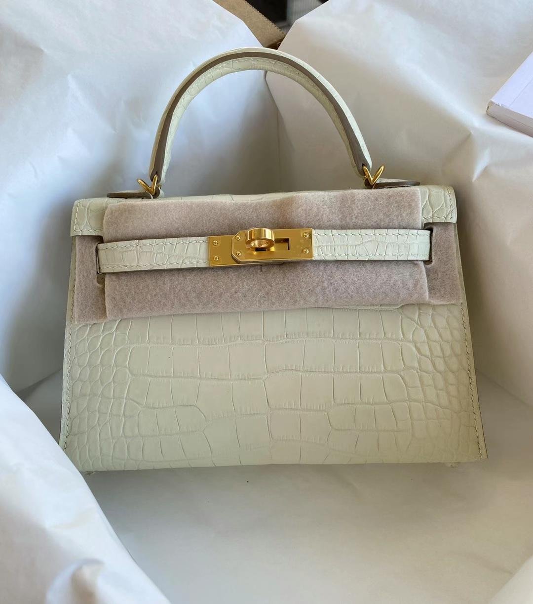 Uncle Bench Hermes Mini Kelly Matte Alligator 8L Creamy white Gold Hardware 19cm Full Handmade
