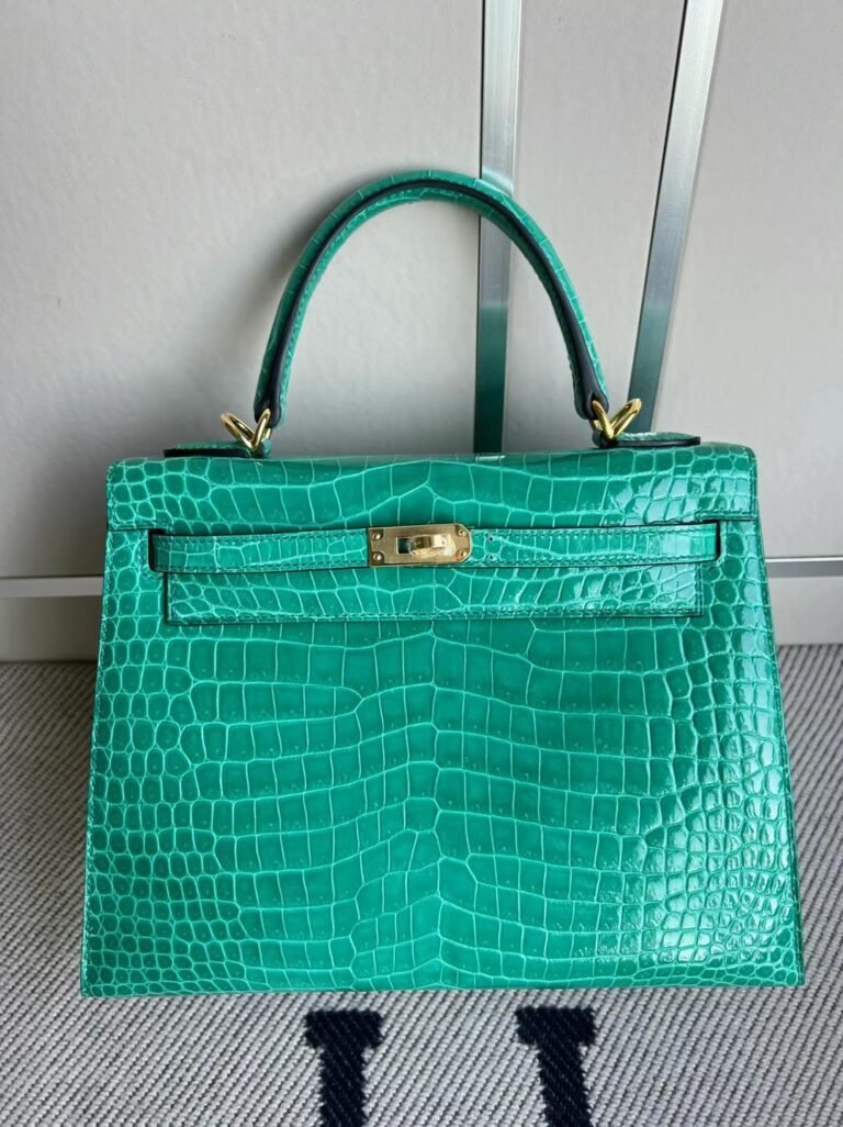 Uncle Bench Hermes Kelly shiny alligator crocodile O6 emerald Gold Hardware GHW 25cm Full Handmade