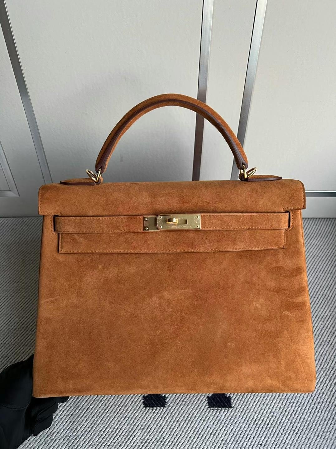 Uncle Bench Hermes Kelly Suede Ck37 Golden brown Gold Hardware 32cm Full Handmade