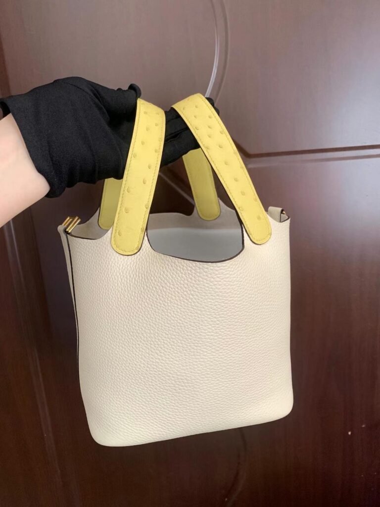 Uncle Bench Hermes Picotin Touch Clemence & Ostrich i2 Creamy white & yellow Gold Hardware 18cm Full Handmade