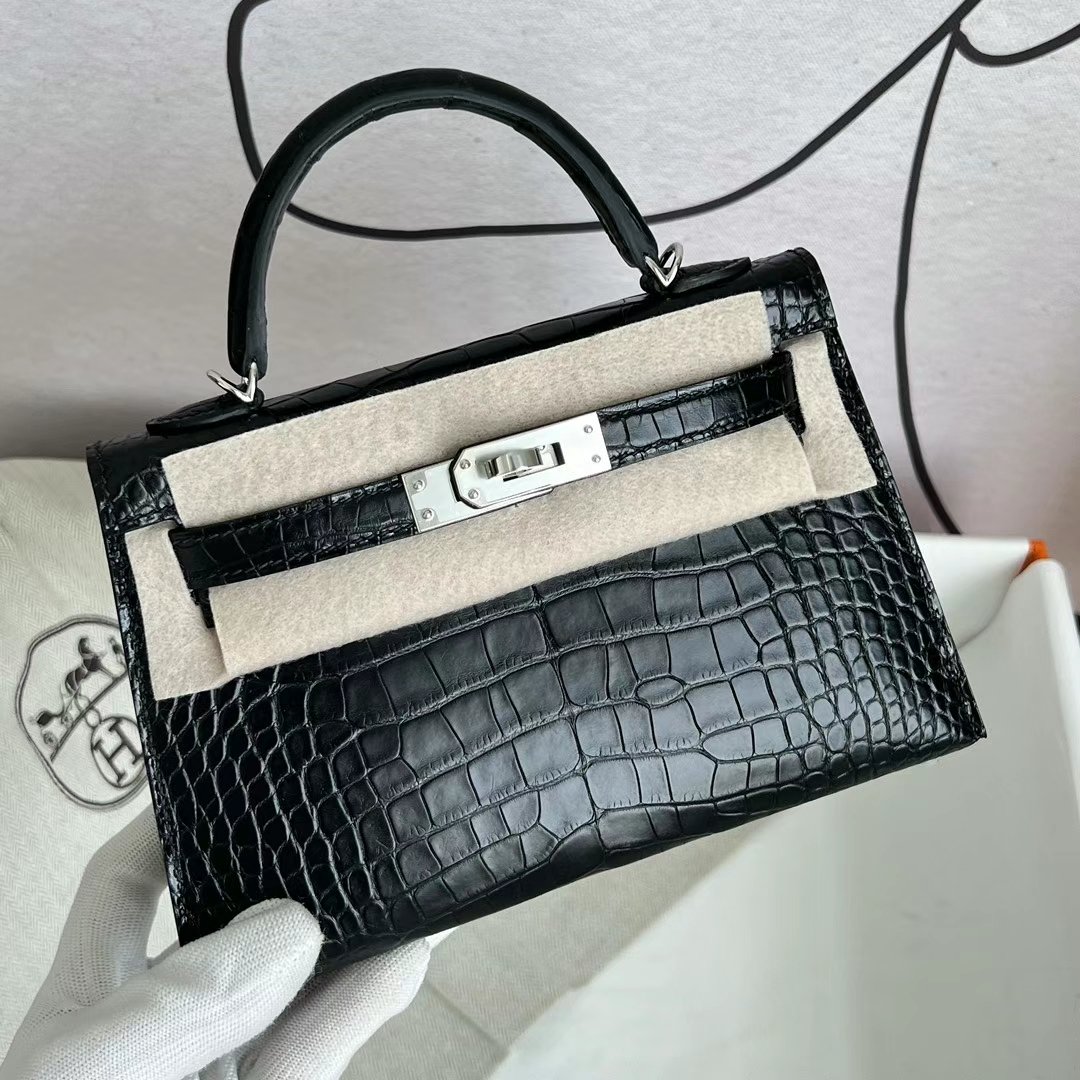 Uncle Bench Hermes Mini Kelly Matte Alligator Crocodile Ck89 Black Silver Hardware 19cm Full Handmade