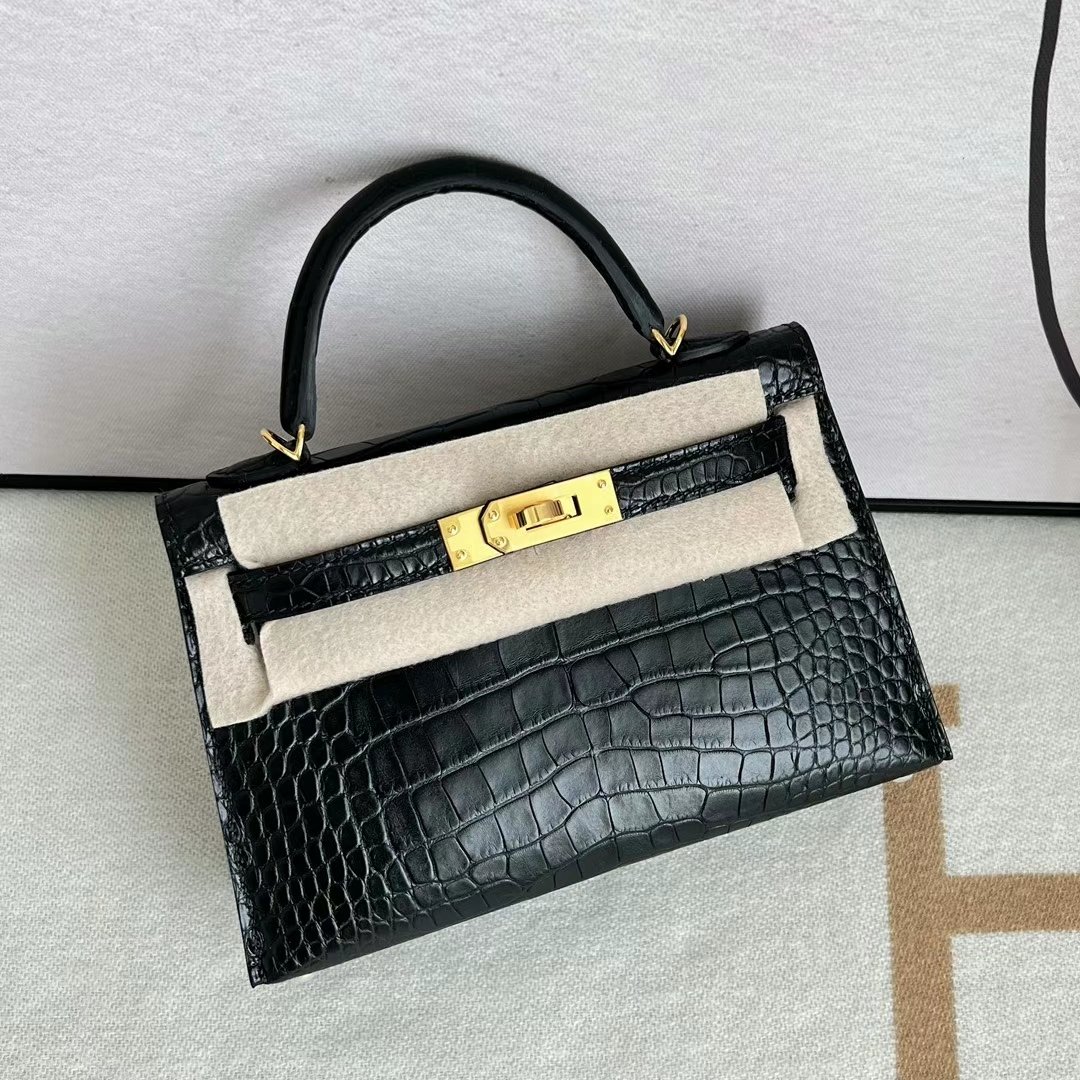 Uncle Bench Hermes Mini Kelly Matte Alligator Crocodile Ck89 Black Gold Hardware 19cm Full Handmade