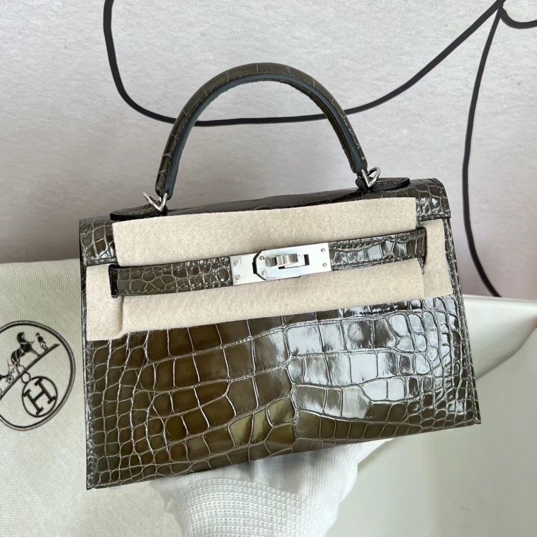 Uncle Bench Hermes Mini Kelly Shiny Alligator Crocodile 6H Olive green Silver Hardware PHW 19cm Full Handmade