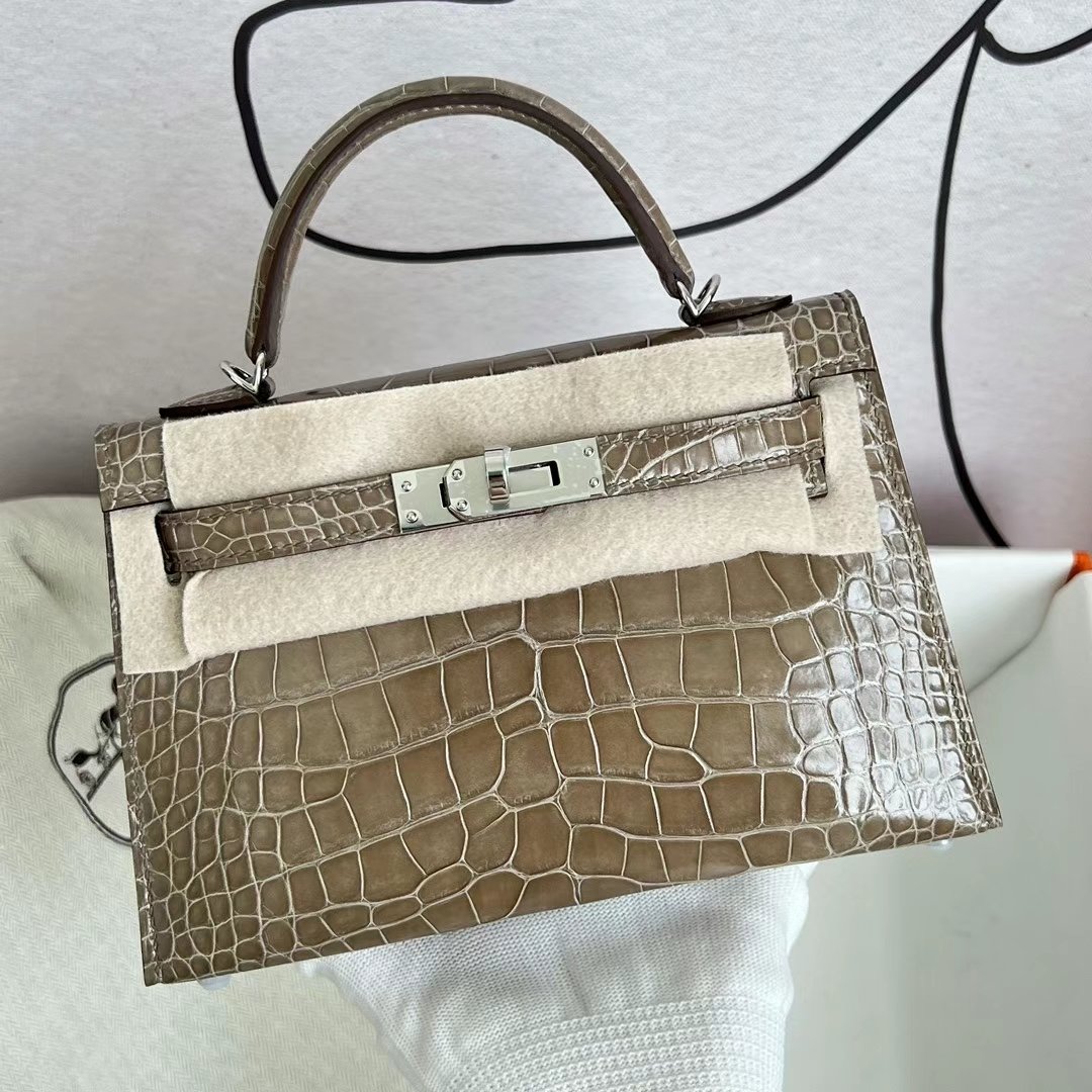 Uncle Bench Hermes Mini Kelly Shiny Alligator Crocodile Ck18 Etoupe Grey Silver Hardware PHW 19cm Full Handmade