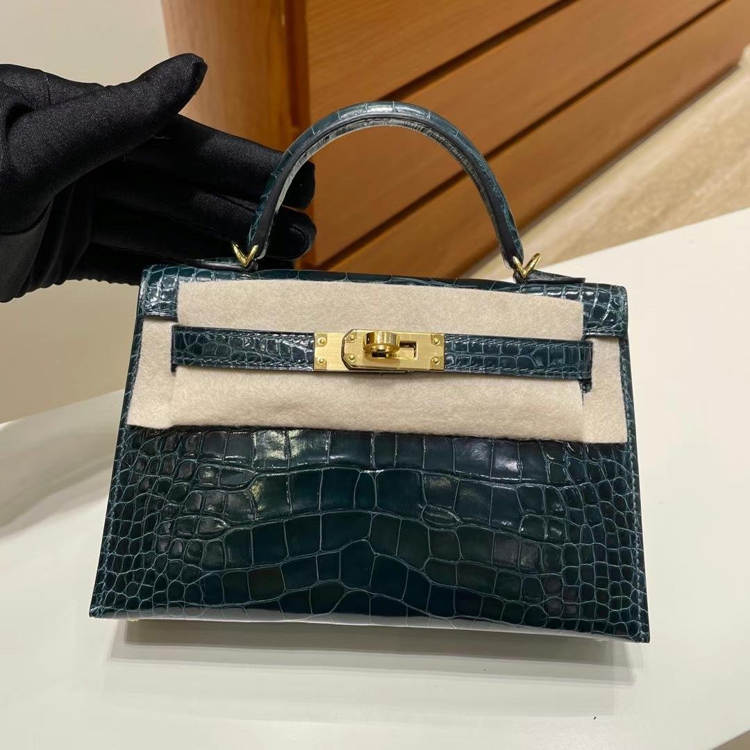 Uncle Bench Hermes Mini kelly ll Alligator shiny 6O Cypress green Gold Hardware GHW 19cm Full Handmade