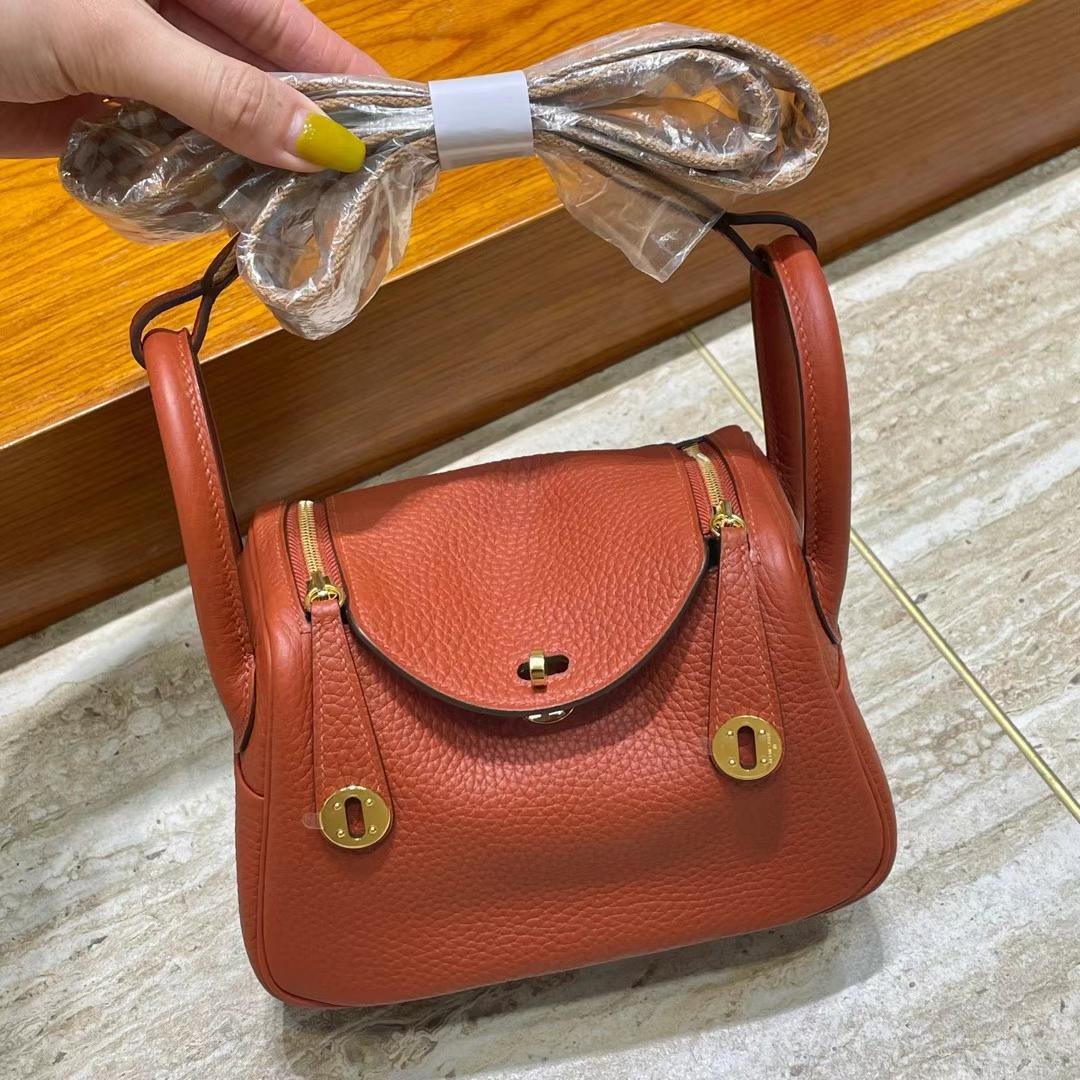 Uncle Bench Hermes Mini Lindy Clemence & Woven strap Pumpkin color Gold Hardware 20cm Full Handmade