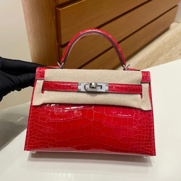 Uncle Bench Hermes mini Kelly Shiny Alligator Ck95 Bright red Silver Hardware PHW 19cm Full Handmade