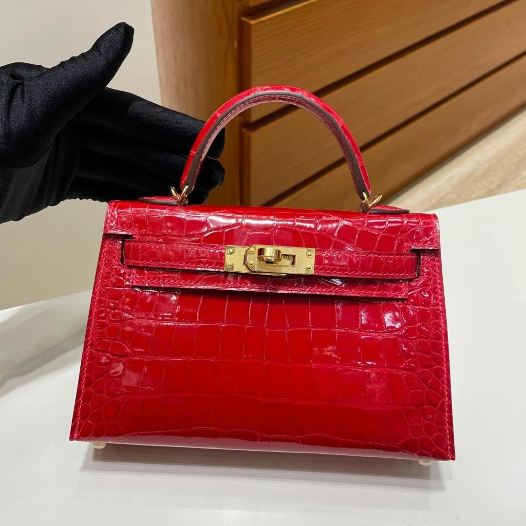 Uncle Bench Hermes mini Kelly Shiny Alligator Ck95 Bright red Gold Hardware PHW 19cm Full Handmade