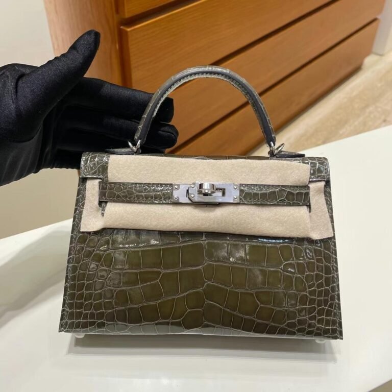 Uncle Bench Hermes mini Kelly Shiny Alligator 8G Dark Olive green Silver Hardware PHW 19cm Full Handmade