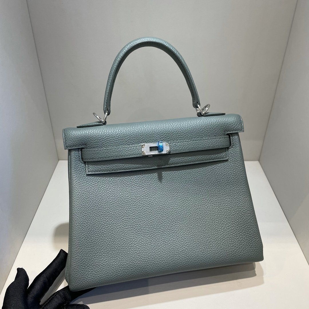 Uncle Bench Hermes Kelly togo Almond green Silver Hardware PHW 25cm Full Handmade