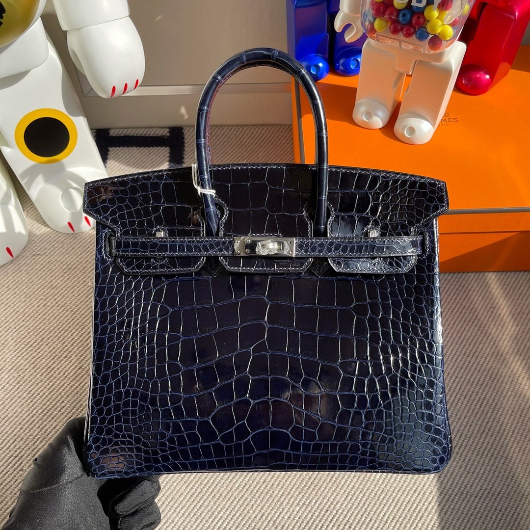 Uncle Bench Hermes Birkin Alligator shiny 7k Blue saphir Silver Hardware GHW 25cm Full Handmade