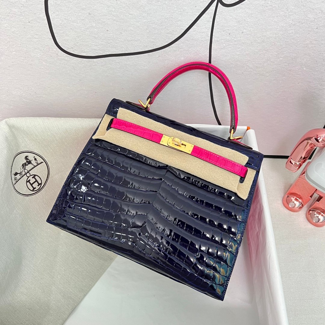 Uncle Bench Hermes Kelly Crocodile shiny Deep blue & rose pink Gold Hardware GHW 25cm Full Handmade