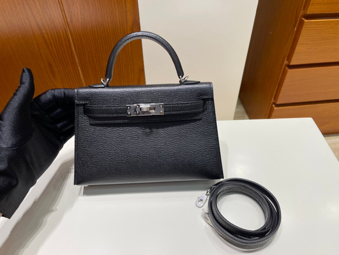 Uncle Bench Hermes Mini kelly ll Chevre ck89 Noir & Blue Silver Hardware PHW 19cm Full Handmade