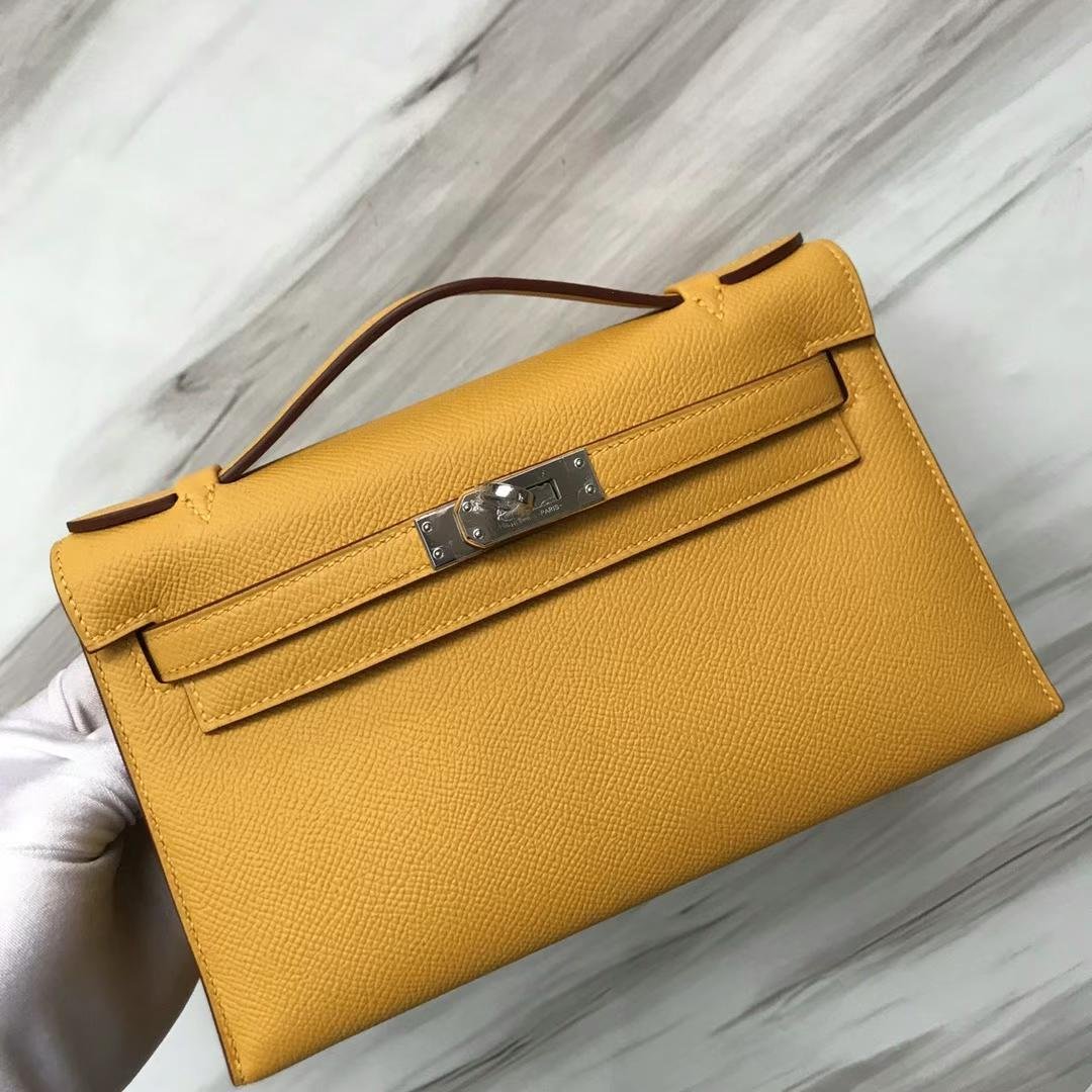 Uncle Bench Hermes Mini Kelly Pochette Epsom 9D Amber yellow Silver Hardware 22cm Full Handmade