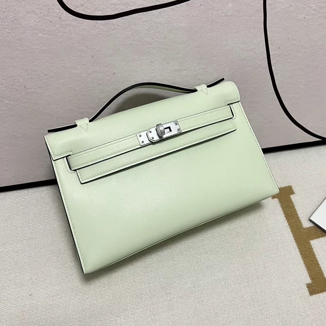 Uncle Bench Hermes Mini Kelly Pochette Swift 0S Light green Silver Hardware 22cm Full Handmade