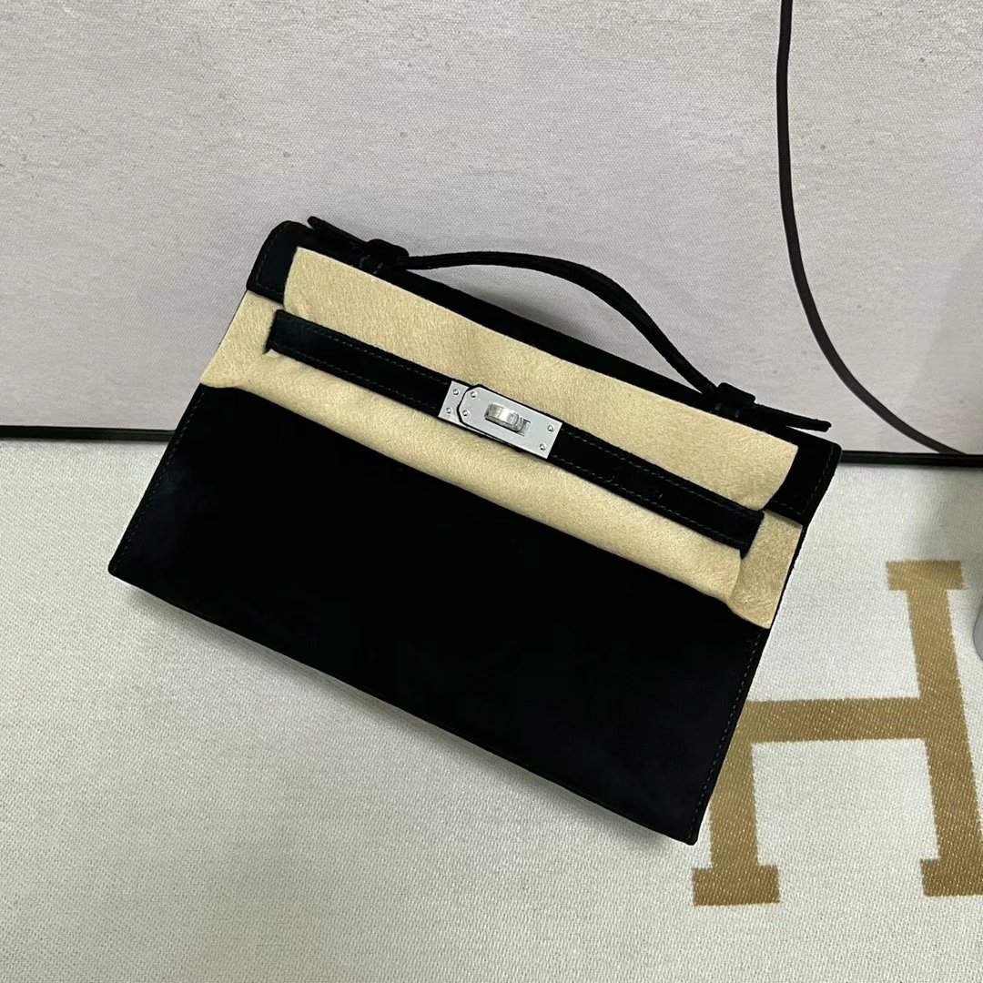 Uncle Bench Hermes Mini Kelly Pochette Suede Ck89 Black Silver Hardware 22cm Full Handmade