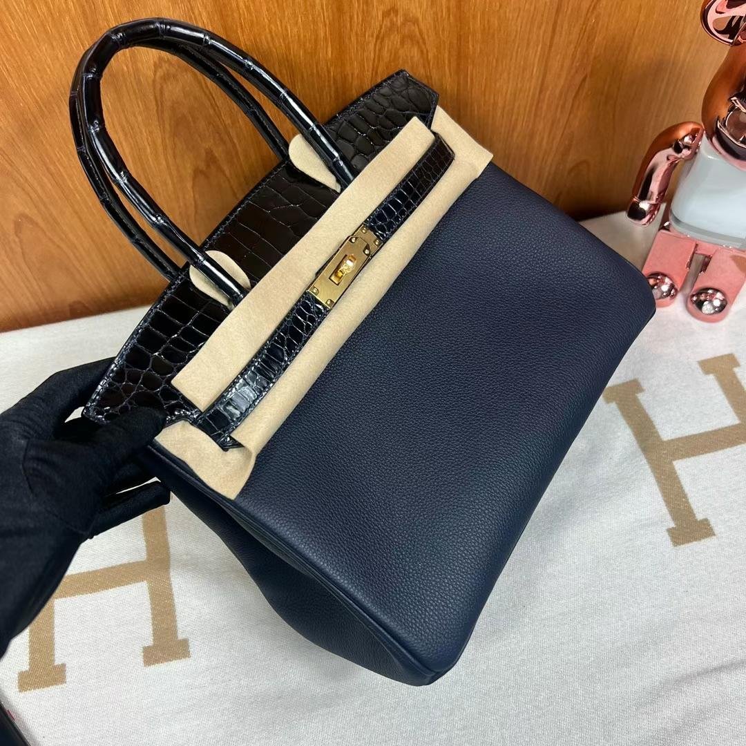 Uncle Bench Hermes Birkin Touch Togo & shiny crocodile 2Z Dark blue Gold Hardware 30cm Full Handmade