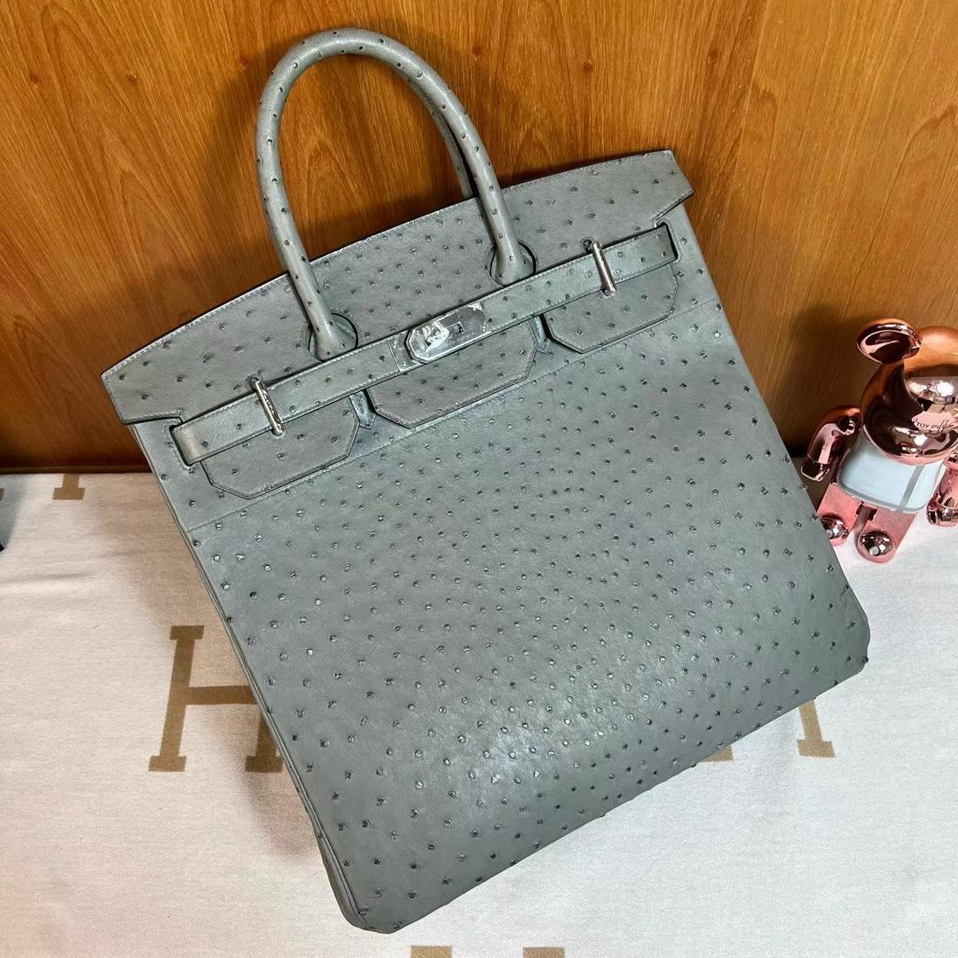 Uncle Bench Hermes HAC Ostrich 8F tinware grey Silver Hardware 40cm Full Handmade