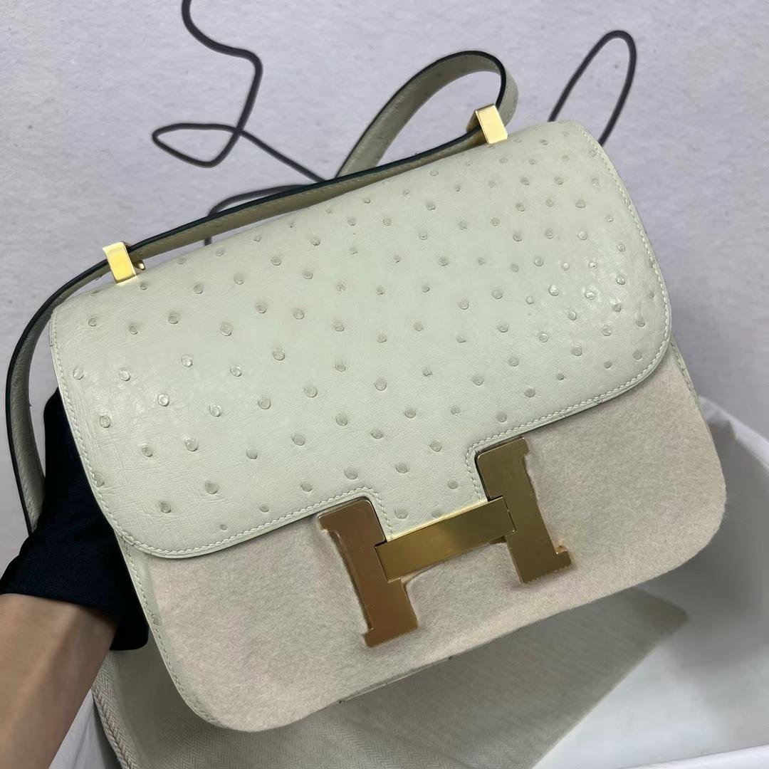 Uncle Bench Hermes Constance Ostrich 3C White wool Gold Hardware 24cm Full Handmade