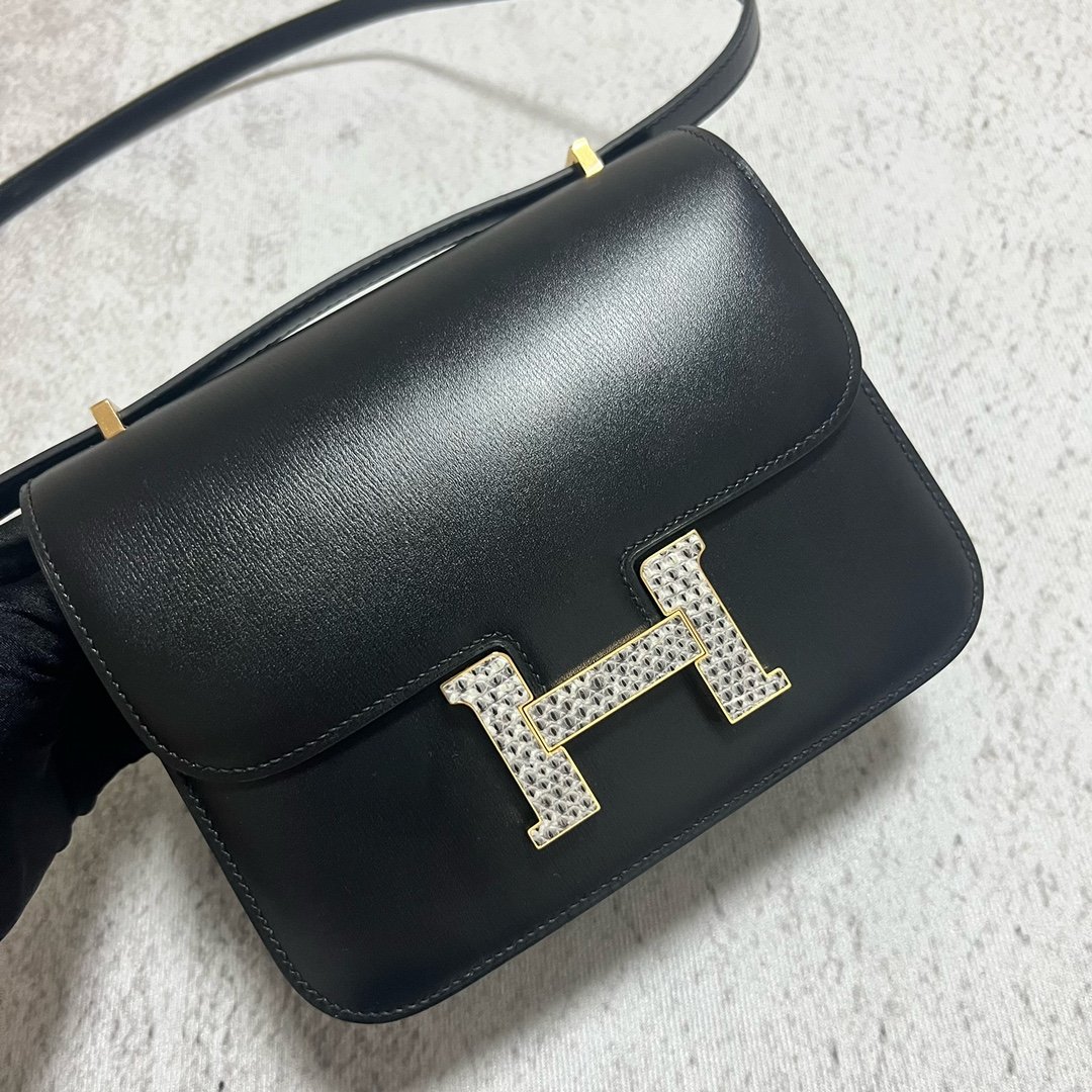 Uncle Bench Hermes Constance Boxcalf ck89 Noir Natural Lizard buckle Gold Hardware 18cm Full Handmade