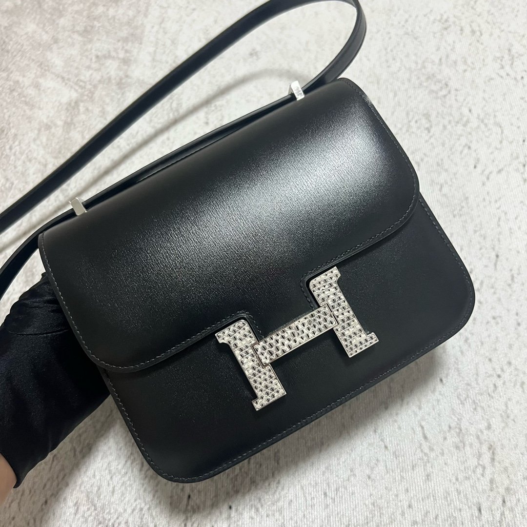 Uncle Bench Hermes Constance Boxcalf ck89 Noir Natural Lizard buckle Silver Hardware 18cm Full Handmade