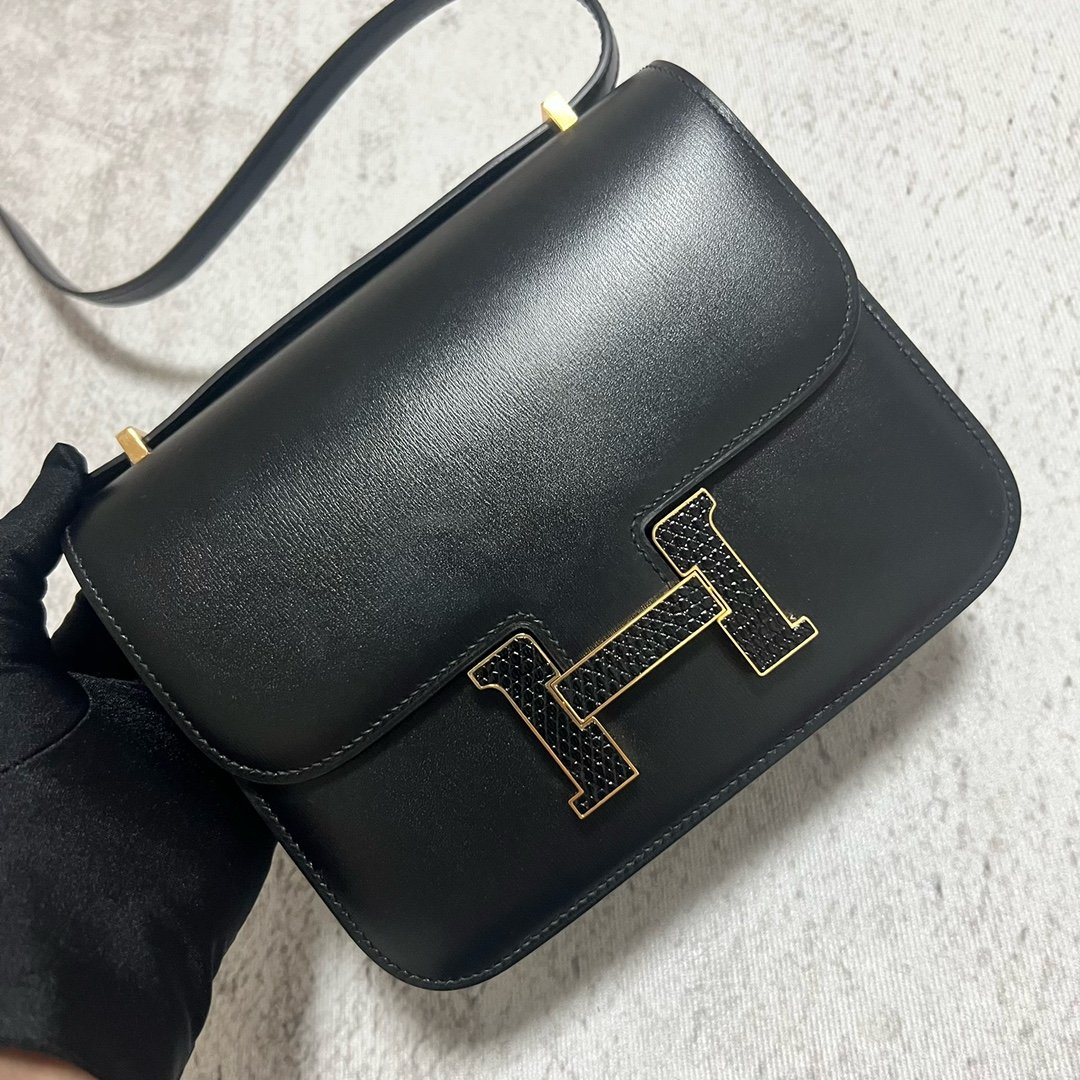 Uncle Bench Hermes Constance Boxcalf ck89 Noir Black Lizard buckle Gold Hardware GHW 18cm Full Handmade
