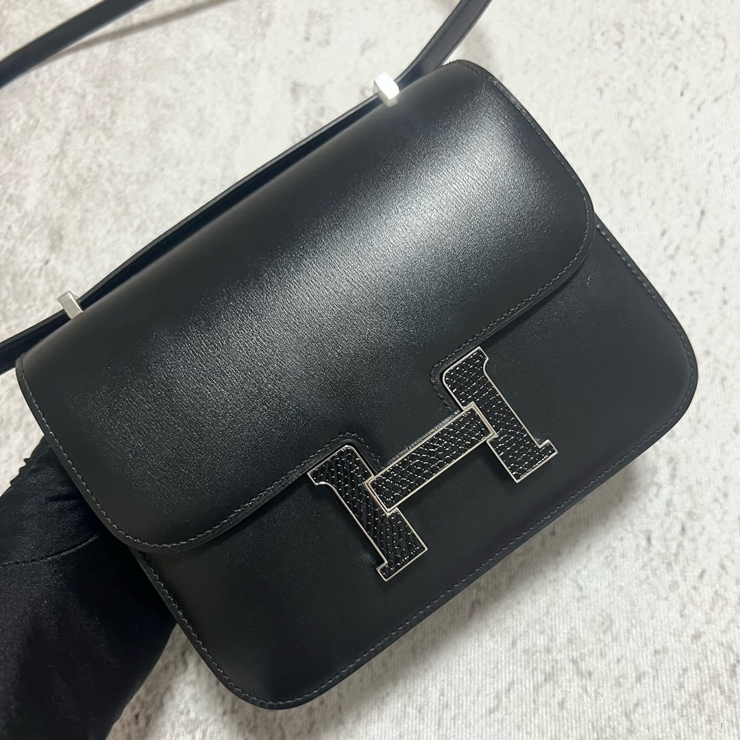 Uncle Bench Hermes Constance Boxcalf ck89 Noir Black Lizard buckle Silver Hardware PHW 18cm Full Handmade