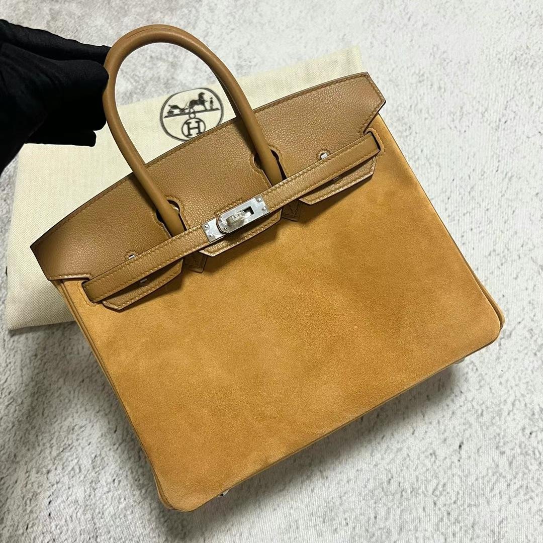Uncle Bench Hermes Birkin Suede & Swift Biscuit color Silver Hardware 25cm Full Handmade